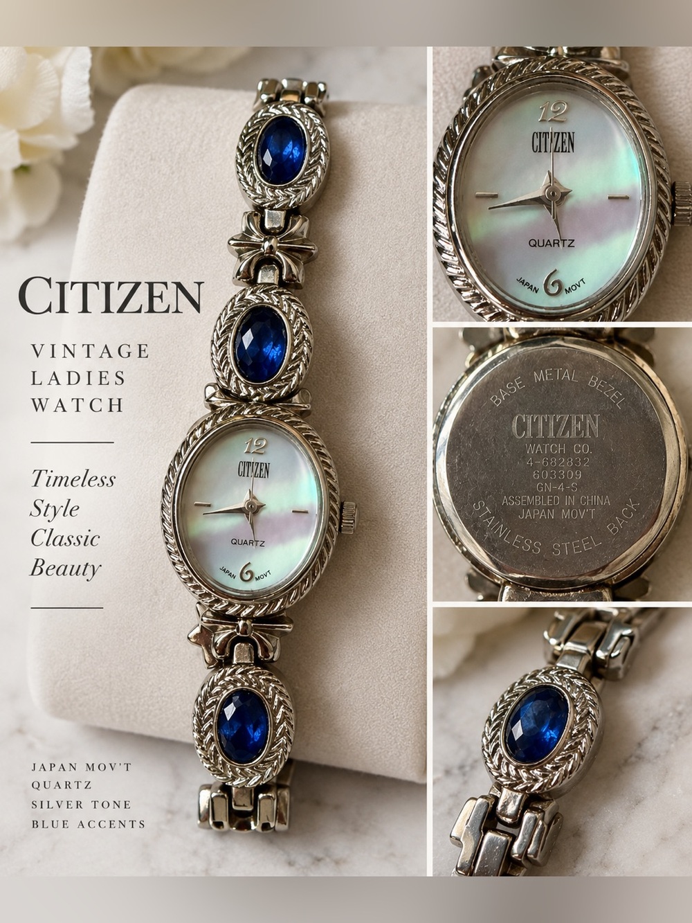 Vintage Citizen Japan Quartz Ladies Silver Tone Blue Cabochon Watch